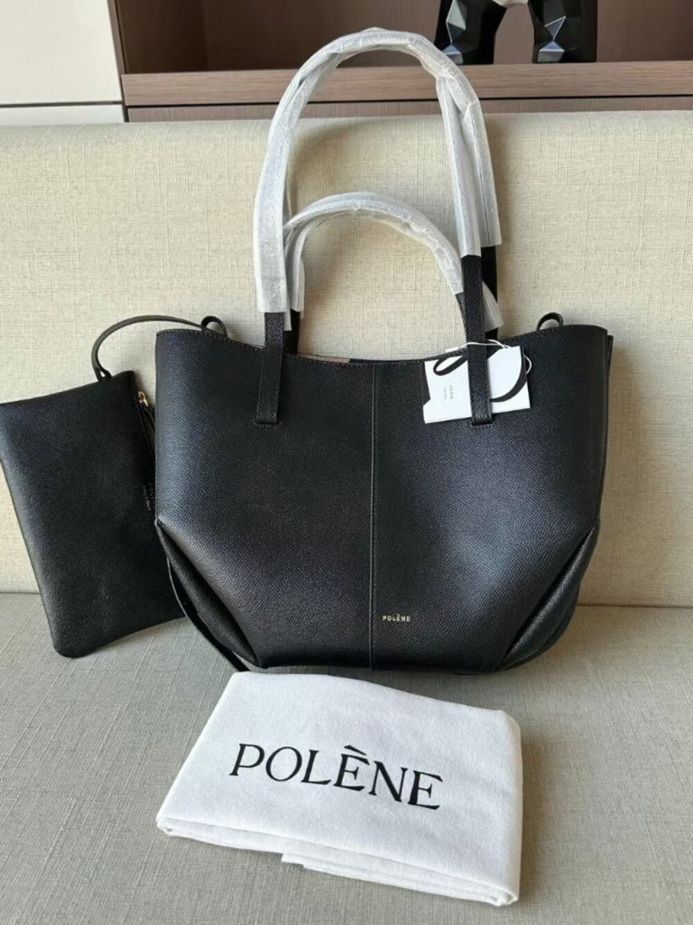 Polène Black Structured Leather Tote